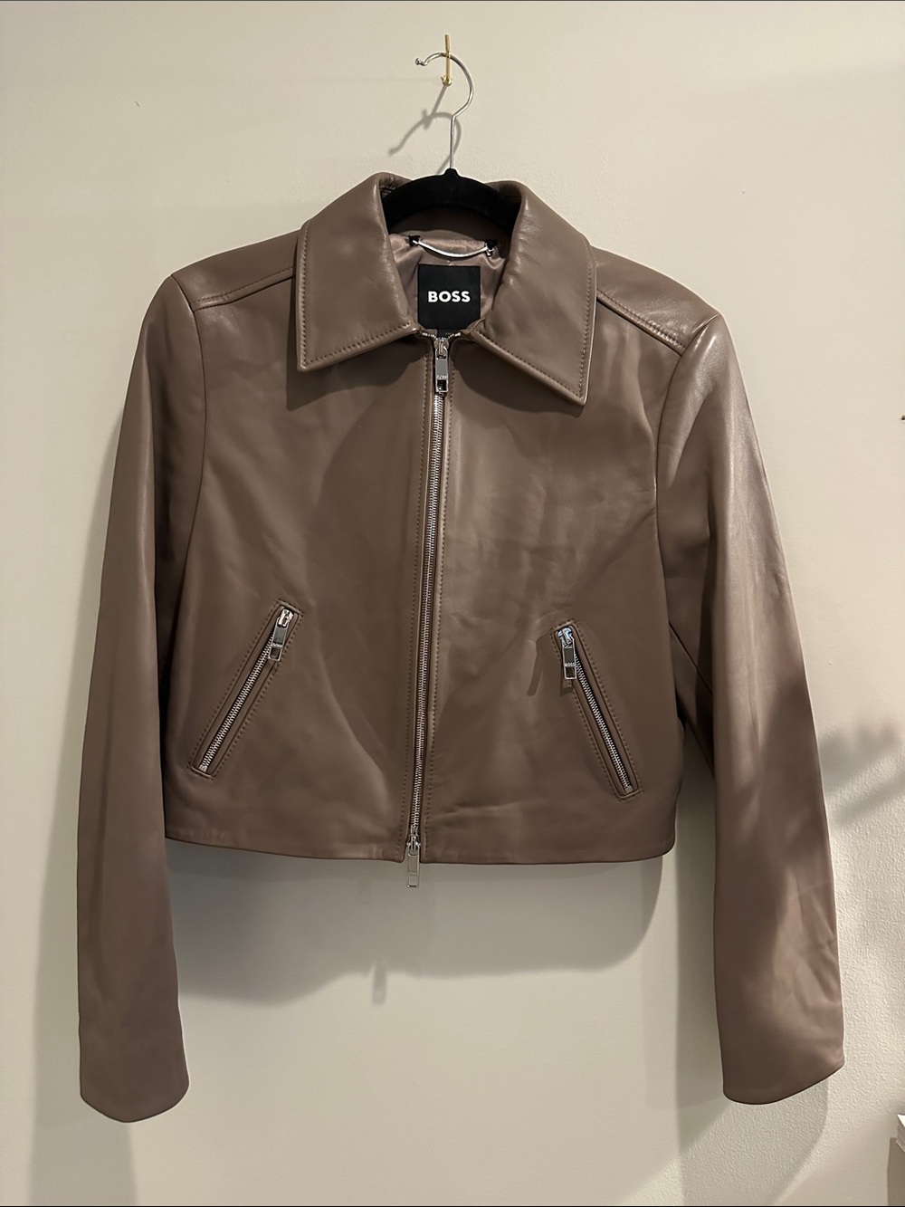 BOSS SalerenaTaupe Brown Leather Cropped moto Jacket NWT SIZE 2